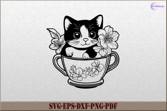 Cute Cat in a Coffee Cup with Flowers